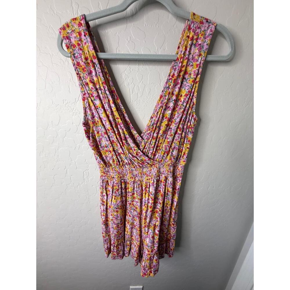 Rewind Romper Women S Pink Yellow Floral Print Mini V-Neck Bohemian Summer Flowy